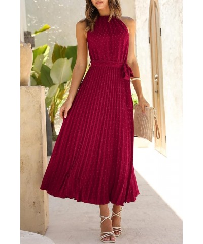 Women's Summer Casual Long Dress Sleeveless Halter Neck Swiss Dot Pleated Beach Maxi Sun Dresses Wine Red $21.00 Dresses