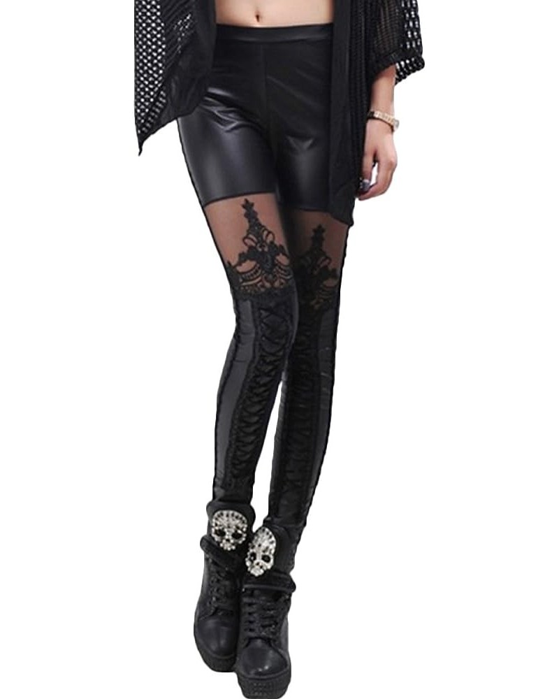 Women Fashion Faux Leather Punk Leggings Pants Lace Skinny Legging Pants Black $11.98 Leggings