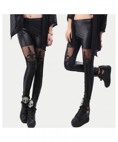 Women Fashion Faux Leather Punk Leggings Pants Lace Skinny Legging Pants Black $11.98 Leggings