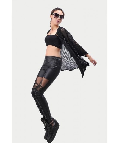 Women Fashion Faux Leather Punk Leggings Pants Lace Skinny Legging Pants Black $11.98 Leggings