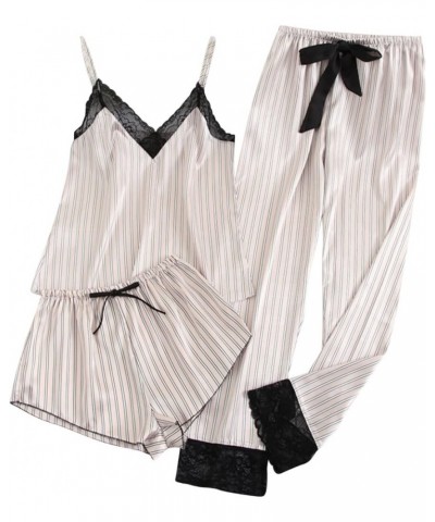 Sleepwear for Women 3 Piece Stripe Satin Pajama Set Lingerie Lace Cami Pj Set Sexy V Neck Cami Top with Robe New-clear $5.35 ...