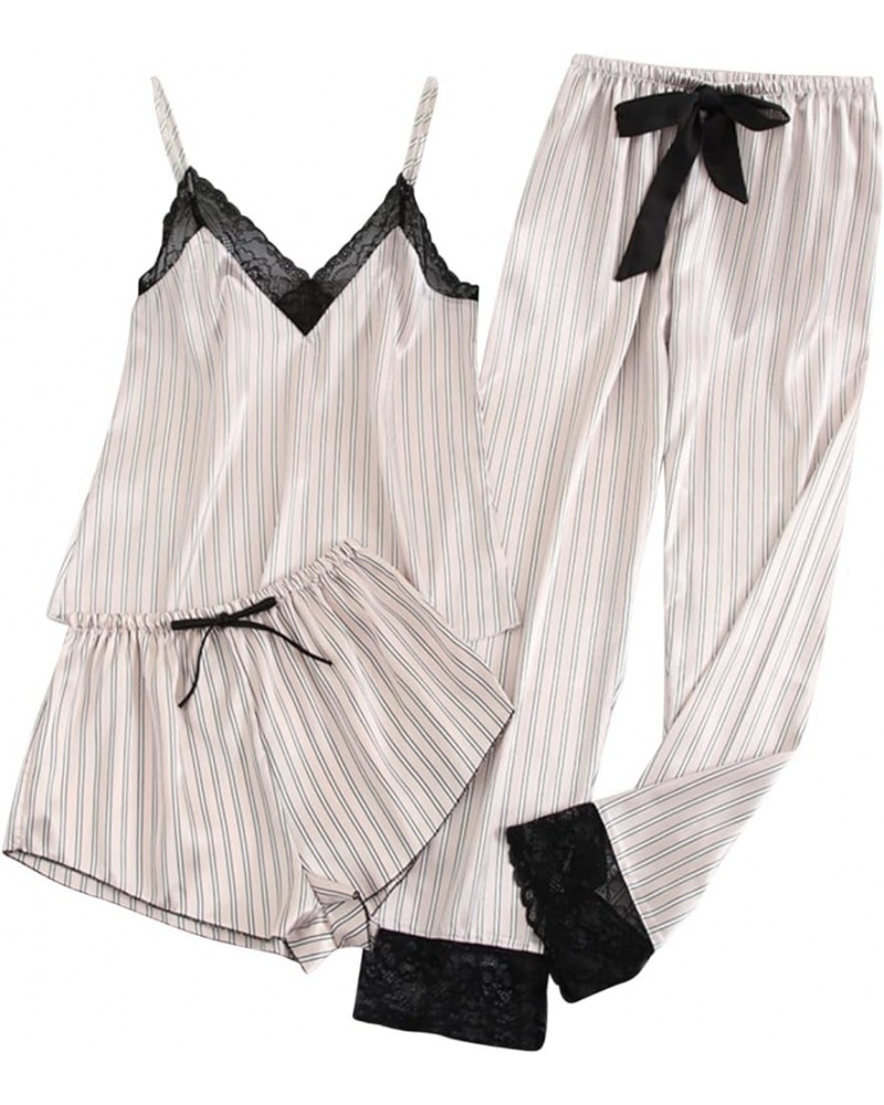 Sleepwear for Women 3 Piece Stripe Satin Pajama Set Lingerie Lace Cami Pj Set Sexy V Neck Cami Top with Robe New-clear $5.35 ...