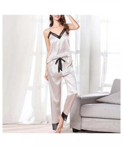 Sleepwear for Women 3 Piece Stripe Satin Pajama Set Lingerie Lace Cami Pj Set Sexy V Neck Cami Top with Robe New-clear $5.35 ...