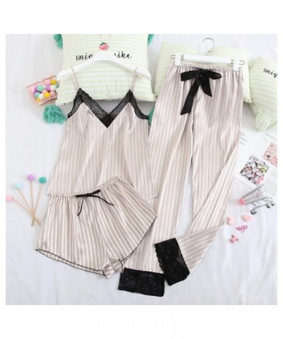 Sleepwear for Women 3 Piece Stripe Satin Pajama Set Lingerie Lace Cami Pj Set Sexy V Neck Cami Top with Robe New-clear $5.35 ...