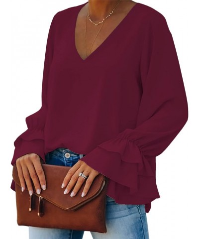 Women's Casual V Neck Tiered Ruffle Bell Long Sleeve Blouse Shirt Tunic Top Wine Red $17.81 Blouses