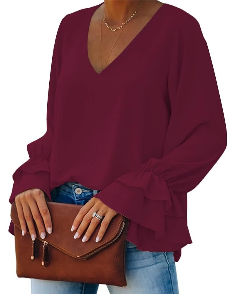 Women's Casual V Neck Tiered Ruffle Bell Long Sleeve Blouse Shirt Tunic Top Wine Red $17.81 Blouses