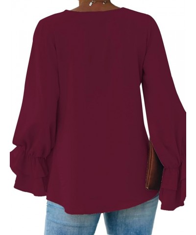 Women's Casual V Neck Tiered Ruffle Bell Long Sleeve Blouse Shirt Tunic Top Wine Red $17.81 Blouses