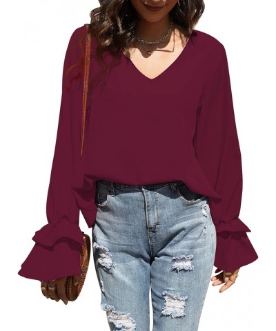 Women's Casual V Neck Tiered Ruffle Bell Long Sleeve Blouse Shirt Tunic Top Wine Red $17.81 Blouses