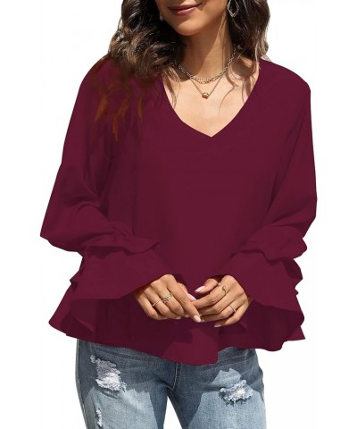 Women's Casual V Neck Tiered Ruffle Bell Long Sleeve Blouse Shirt Tunic Top Wine Red $17.81 Blouses