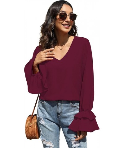 Women's Casual V Neck Tiered Ruffle Bell Long Sleeve Blouse Shirt Tunic Top Wine Red $17.81 Blouses