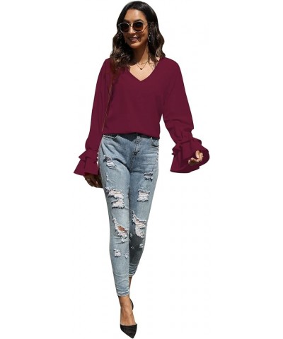 Women's Casual V Neck Tiered Ruffle Bell Long Sleeve Blouse Shirt Tunic Top Wine Red $17.81 Blouses