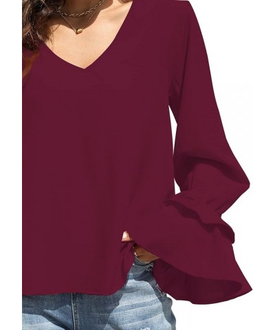 Women's Casual V Neck Tiered Ruffle Bell Long Sleeve Blouse Shirt Tunic Top Wine Red $17.81 Blouses