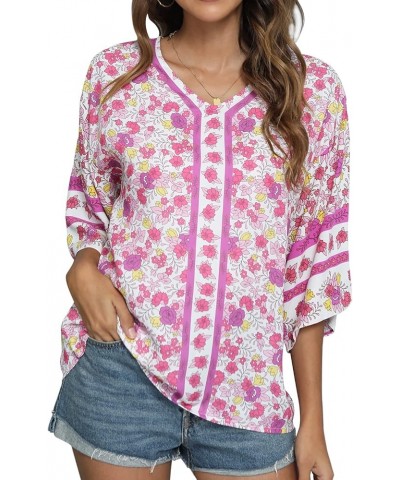 Women's 3/4 Sleeve Floral Printed Blouses V Neck Tunics Loose Tops Casual Shirts Red $9.17 Tops