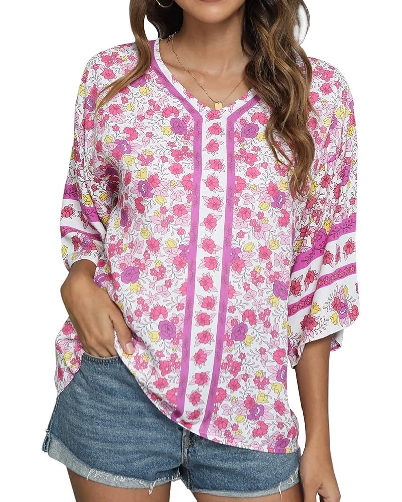 Women's 3/4 Sleeve Floral Printed Blouses V Neck Tunics Loose Tops Casual Shirts Red $9.17 Tops