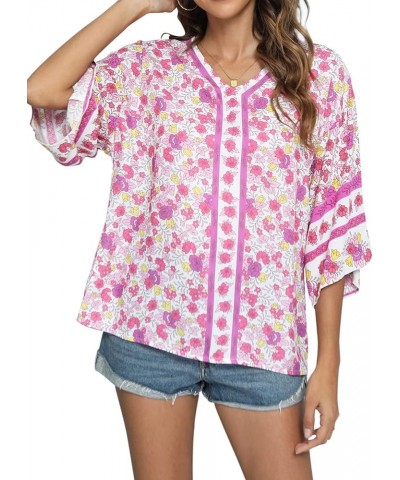 Women's 3/4 Sleeve Floral Printed Blouses V Neck Tunics Loose Tops Casual Shirts Red $9.17 Tops