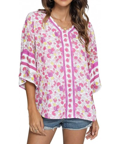 Women's 3/4 Sleeve Floral Printed Blouses V Neck Tunics Loose Tops Casual Shirts Red $9.17 Tops