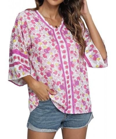 Women's 3/4 Sleeve Floral Printed Blouses V Neck Tunics Loose Tops Casual Shirts Red $9.17 Tops