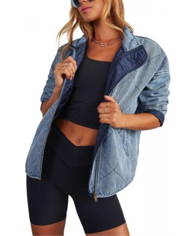 Women's Vintage Diamond Quilted Denim Jackets Collared Zip Up Long Sleeve Oversized Bomber Coat Outwear with Pockets Blue $26...