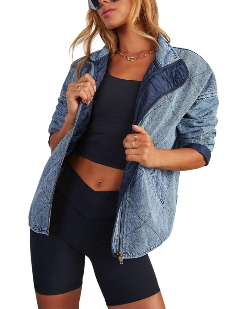 Women's Vintage Diamond Quilted Denim Jackets Collared Zip Up Long Sleeve Oversized Bomber Coat Outwear with Pockets Blue $26...