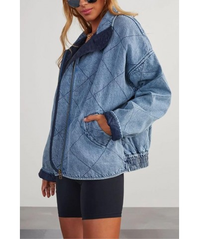 Women's Vintage Diamond Quilted Denim Jackets Collared Zip Up Long Sleeve Oversized Bomber Coat Outwear with Pockets Blue $26...