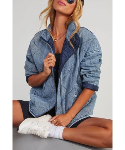 Women's Vintage Diamond Quilted Denim Jackets Collared Zip Up Long Sleeve Oversized Bomber Coat Outwear with Pockets Blue $26...