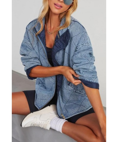 Women's Vintage Diamond Quilted Denim Jackets Collared Zip Up Long Sleeve Oversized Bomber Coat Outwear with Pockets Blue $26...