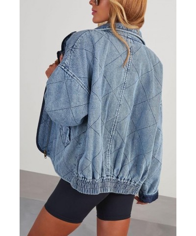 Women's Vintage Diamond Quilted Denim Jackets Collared Zip Up Long Sleeve Oversized Bomber Coat Outwear with Pockets Blue $26...