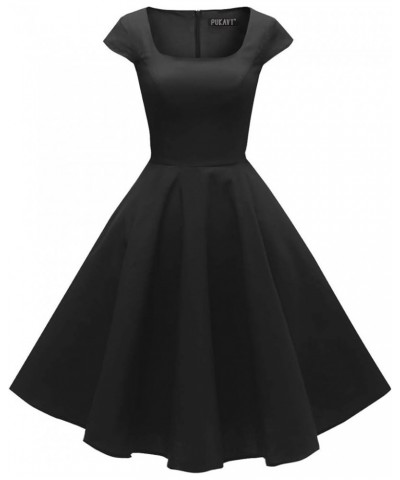 Women's Cocktail Party Dress Cap Sleeve 1950 Retro Swing Dress with Pockets Black $21.05 Dresses