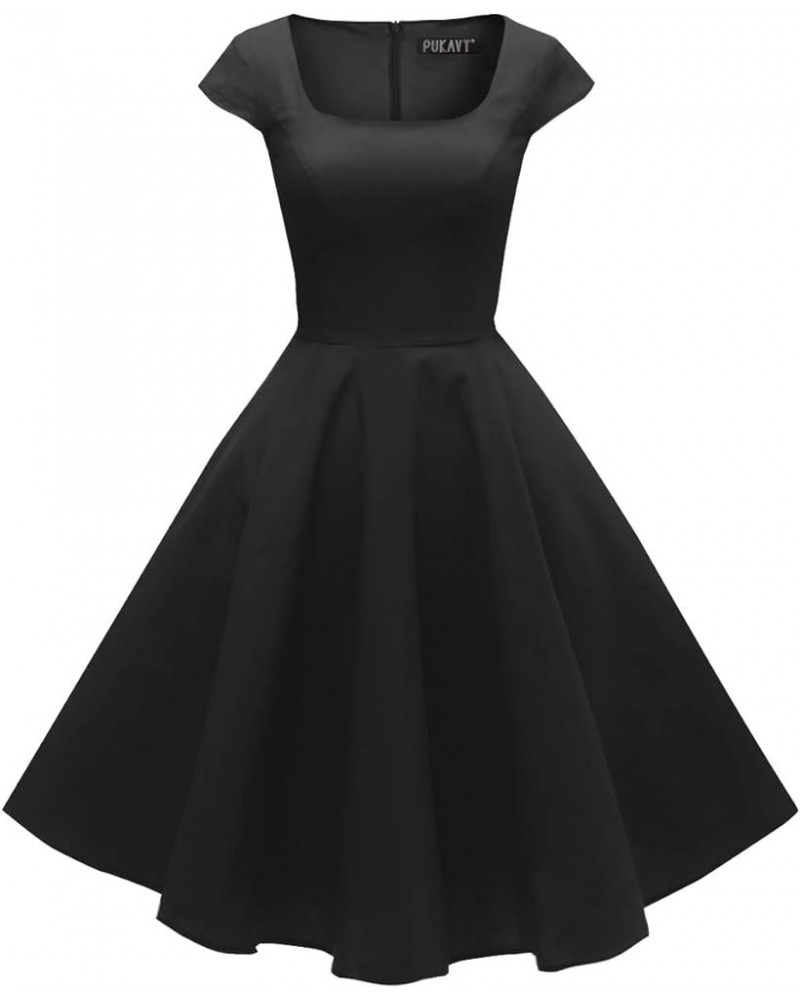 Women's Cocktail Party Dress Cap Sleeve 1950 Retro Swing Dress with Pockets Black $21.05 Dresses