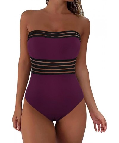 Women's Strapless One Piece Swimsuits Tummy Control Swimwear Halter Slimming Bathing Suits Monokini Burgundy $7.64 Swimsuits