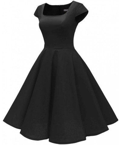 Women's Cocktail Party Dress Cap Sleeve 1950 Retro Swing Dress with Pockets Black $21.05 Dresses