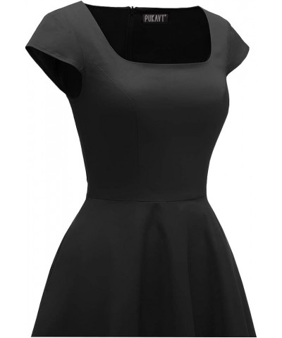 Women's Cocktail Party Dress Cap Sleeve 1950 Retro Swing Dress with Pockets Black $21.05 Dresses