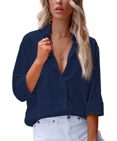 Womens Button Down Shirts Casual V Neck Long Sleeve Classic Office Work Blouse Tops with Pocket Dark Blue $17.32 Blouses