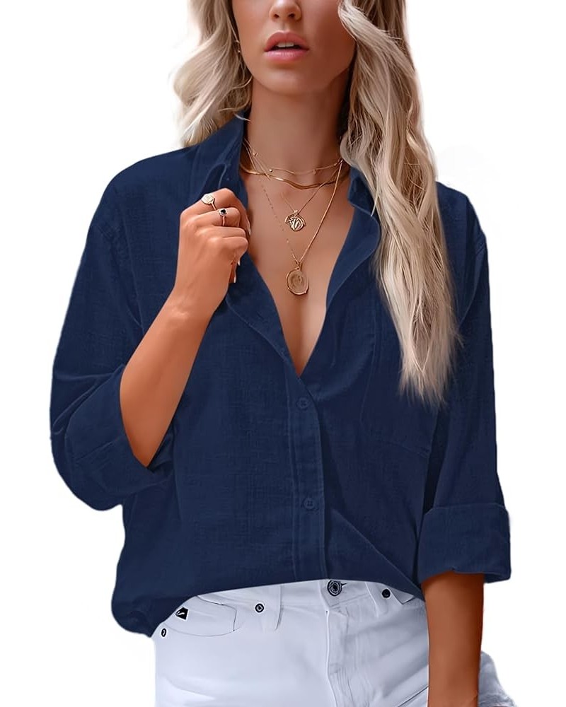 Womens Button Down Shirts Casual V Neck Long Sleeve Classic Office Work Blouse Tops with Pocket Dark Blue $17.32 Blouses