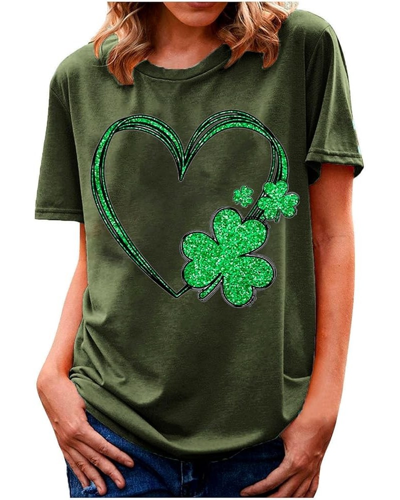 St Patricks Day Shirt Women Short Sleeve Loose Comfy Tops T Shirts Clover Print Saint Patricks Day T Shirt Blosue A05-army Gr...