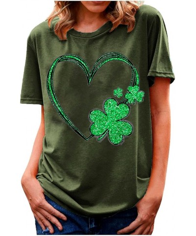 St Patricks Day Shirt Women Short Sleeve Loose Comfy Tops T Shirts Clover Print Saint Patricks Day T Shirt Blosue A05-army Gr...