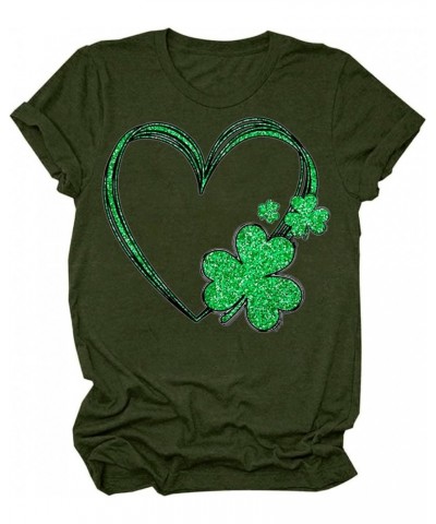 St Patricks Day Shirt Women Short Sleeve Loose Comfy Tops T Shirts Clover Print Saint Patricks Day T Shirt Blosue A05-army Gr...