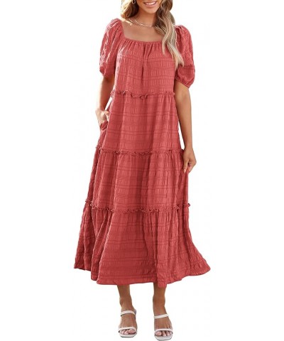 Women's Summer Maxi Dress Short Sleeve Square Neck Ruffle Tiered Flowy Casual Boho Long Dresses with Pockets Bean Paste Pink ...