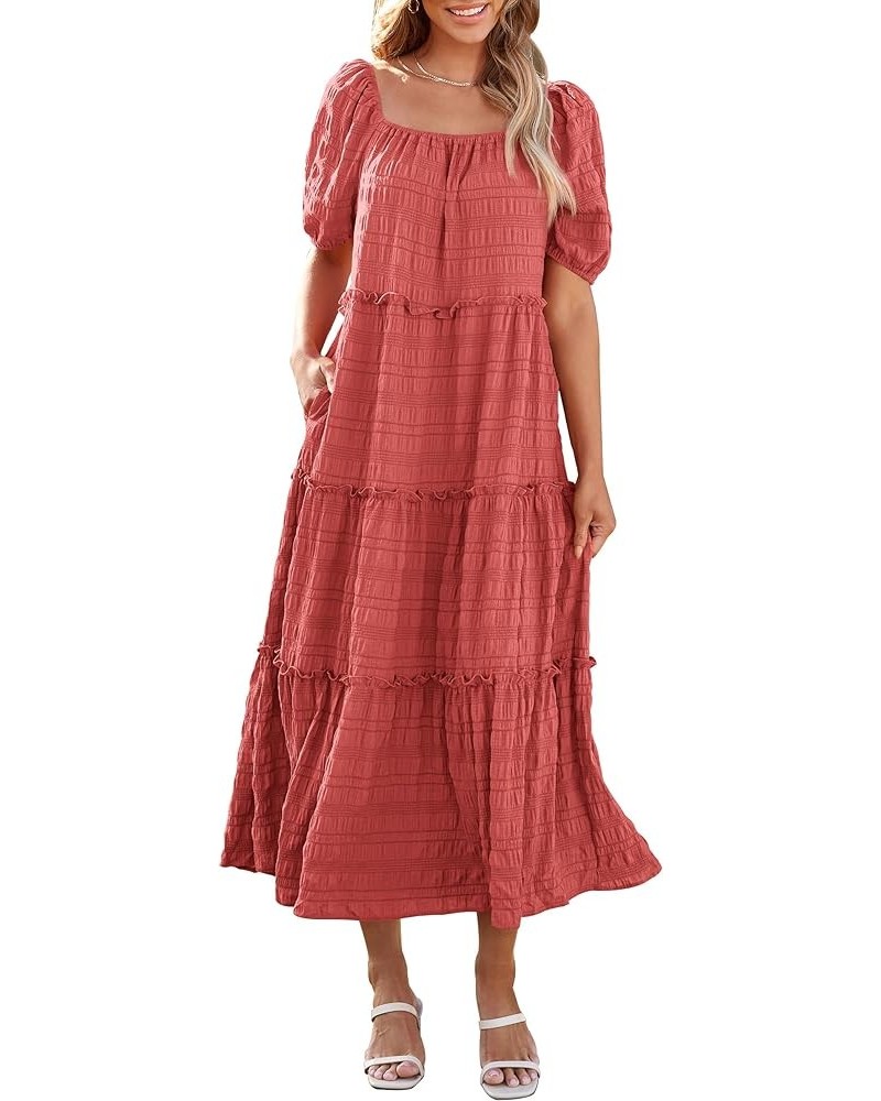 Women's Summer Maxi Dress Short Sleeve Square Neck Ruffle Tiered Flowy Casual Boho Long Dresses with Pockets Bean Paste Pink ...