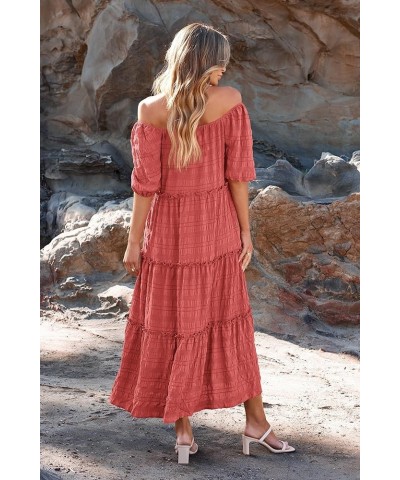 Women's Summer Maxi Dress Short Sleeve Square Neck Ruffle Tiered Flowy Casual Boho Long Dresses with Pockets Bean Paste Pink ...