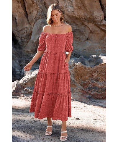 Women's Summer Maxi Dress Short Sleeve Square Neck Ruffle Tiered Flowy Casual Boho Long Dresses with Pockets Bean Paste Pink ...