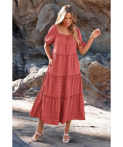 Women's Summer Maxi Dress Short Sleeve Square Neck Ruffle Tiered Flowy Casual Boho Long Dresses with Pockets Bean Paste Pink ...