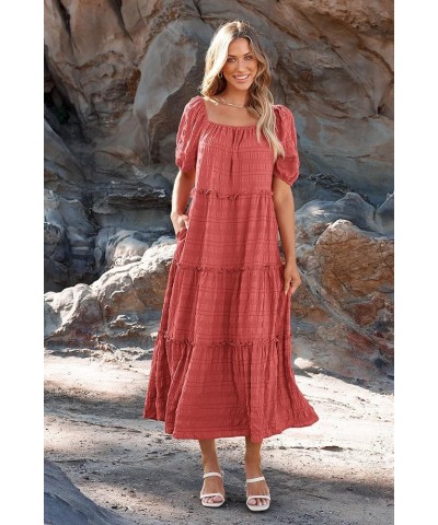 Women's Summer Maxi Dress Short Sleeve Square Neck Ruffle Tiered Flowy Casual Boho Long Dresses with Pockets Bean Paste Pink ...