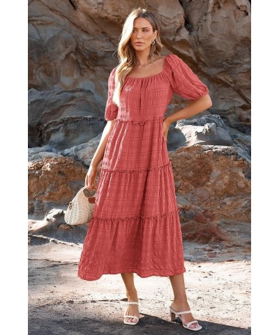 Women's Summer Maxi Dress Short Sleeve Square Neck Ruffle Tiered Flowy Casual Boho Long Dresses with Pockets Bean Paste Pink ...