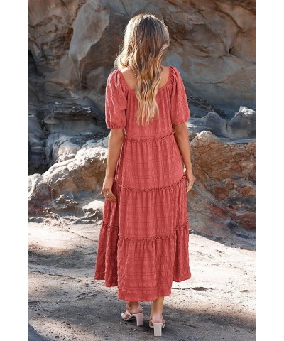 Women's Summer Maxi Dress Short Sleeve Square Neck Ruffle Tiered Flowy Casual Boho Long Dresses with Pockets Bean Paste Pink ...