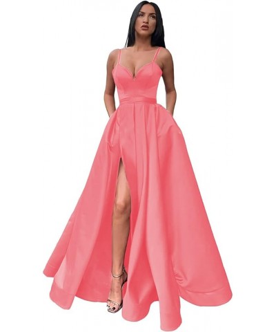 Women's Spaghetti Straps Split Satin Prom Dress Long Evening Party Dresses with Pockets Coral $54.99 Dresses