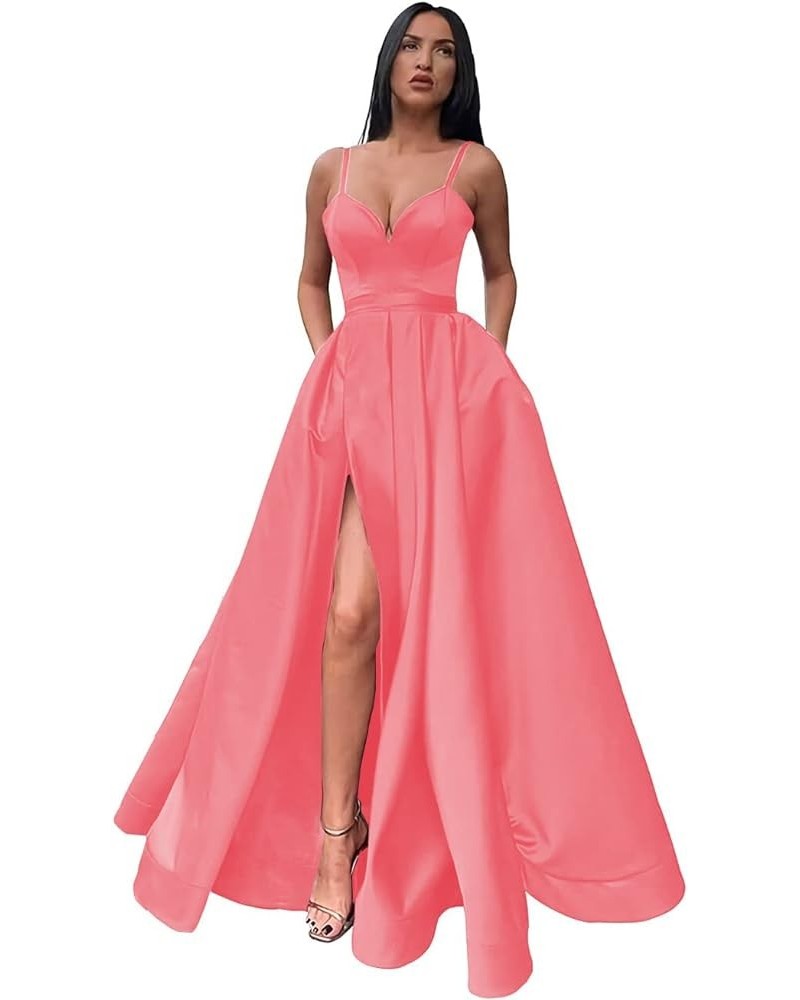 Women's Spaghetti Straps Split Satin Prom Dress Long Evening Party Dresses with Pockets Coral $54.99 Dresses