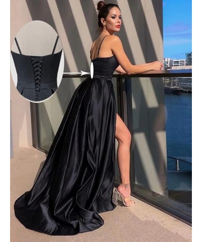 Women's Spaghetti Straps Split Satin Prom Dress Long Evening Party Dresses with Pockets Coral $54.99 Dresses