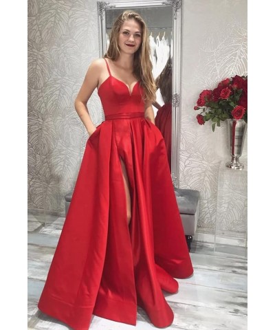 Women's Spaghetti Straps Split Satin Prom Dress Long Evening Party Dresses with Pockets Coral $54.99 Dresses