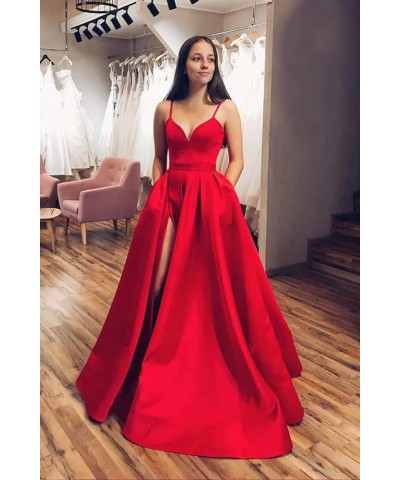 Women's Spaghetti Straps Split Satin Prom Dress Long Evening Party Dresses with Pockets Coral $54.99 Dresses